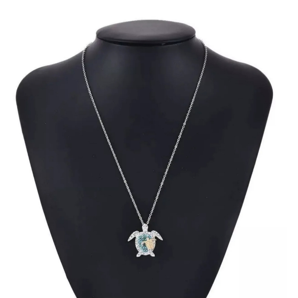 Two-Tone Mother & Baby Sea Turtle Crystal Pendant Necklace